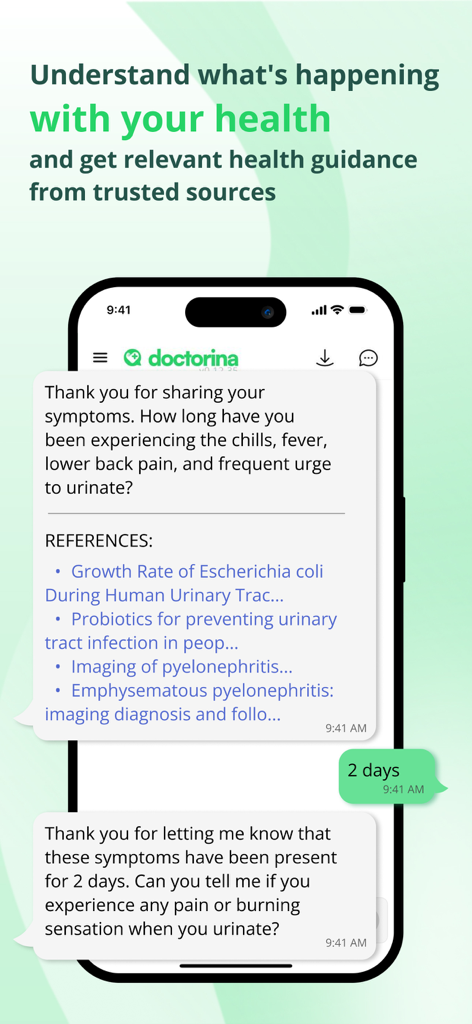 Doctorina Health - A mobile phone screen displaying the Doctorina Health app chat interface providing medical information and references based on reported symptoms.