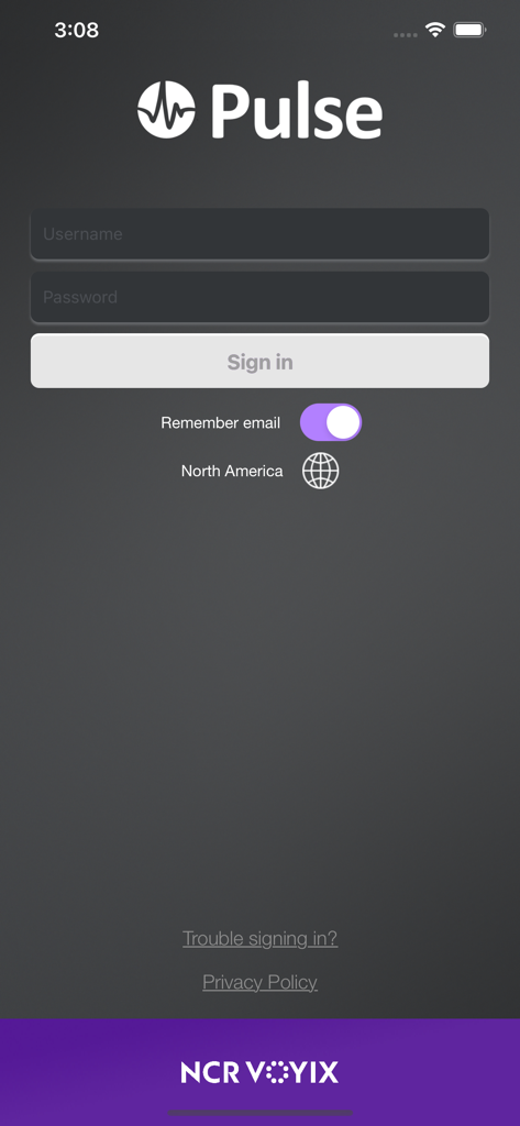 NCR Voyix Pulse mobile app login screen with username and password fields