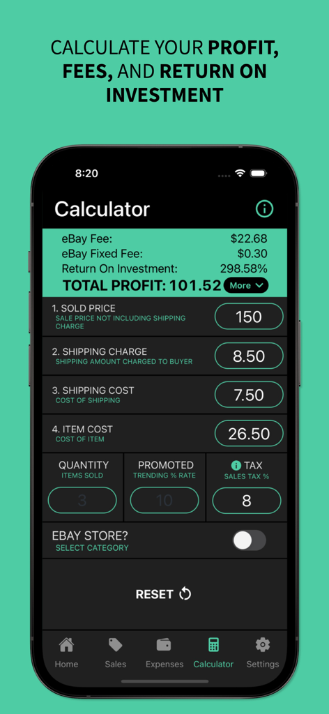 Mobile app screen showing a profit calculator with eBay fees and return on investment