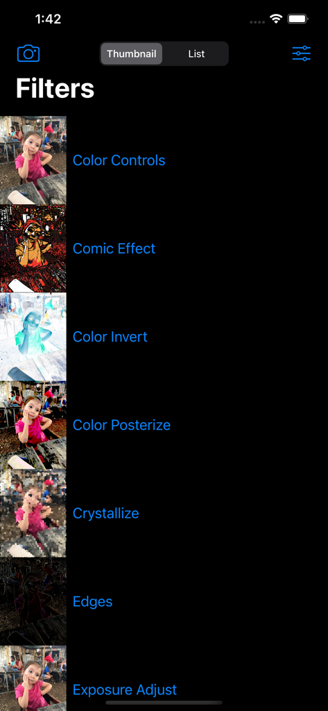 Un elenco di filtri disponibili nell'app Filtri Immagine, incluso Effetto Fumetto e Inversione Colore con anteprime in miniatura.