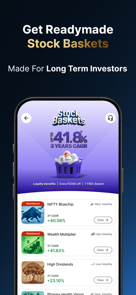 Tela do aplicativo móvel Univest mostrando cestas de ações prontas com altas taxas de crescimento anual de três anos para investidores