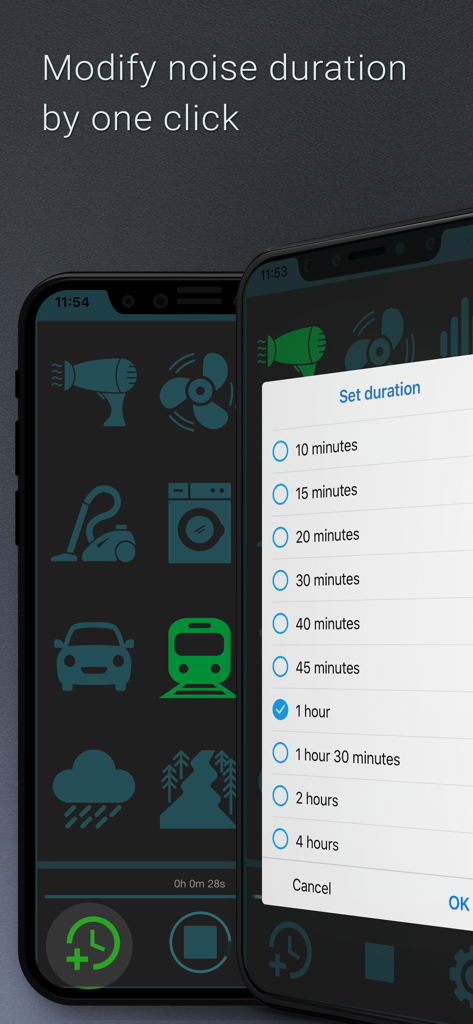 White Noise: Sleep Sounds - Une capture d'écran de l'application White Noise montrant le menu de durée définie pour les sons de sommeil avec des options allant de dix minutes à quatre heures.