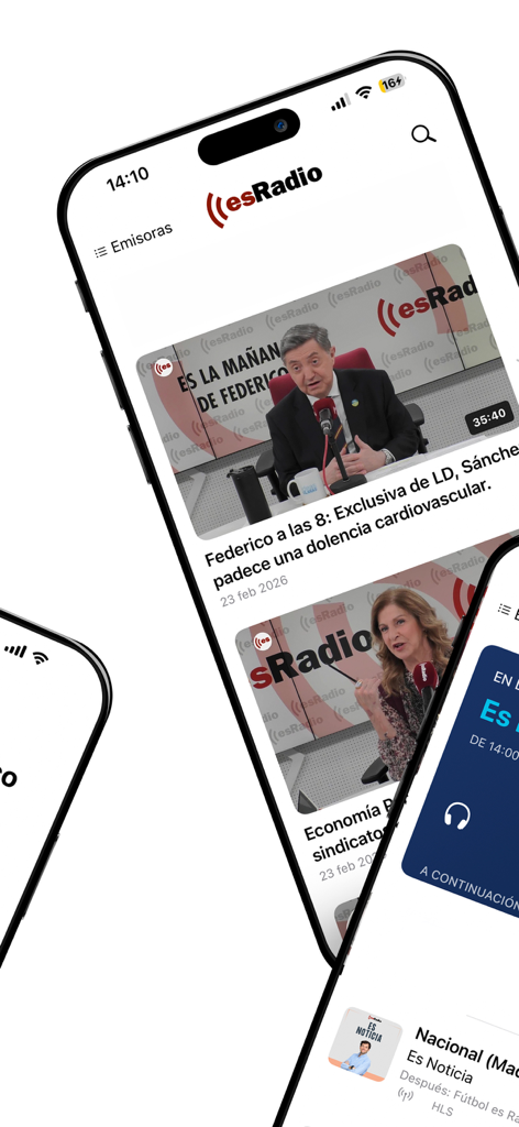 Interface do aplicativo esRadio no iPhone mostrando feed de notícias e podcasts com Federico Jimenez Losantos