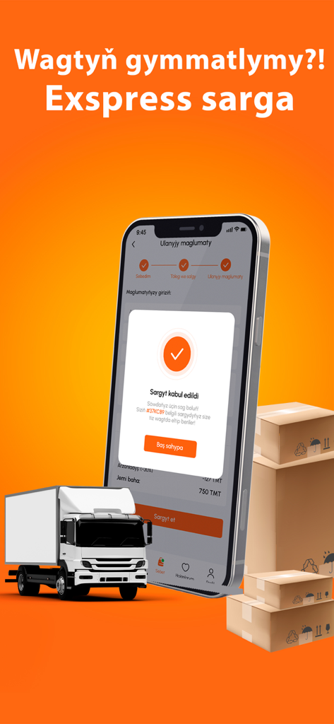 Timar - Timar app order confirmation screen with a delivery truck and shipping boxes