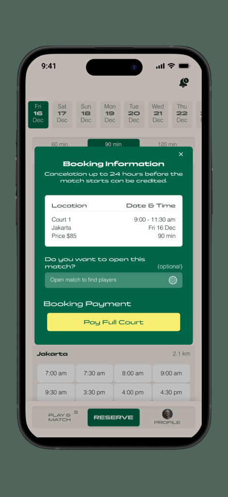 Ace Padel Club - Interfaz de la aplicación Ace Padel Club que muestra información de reserva de pista y botón de pago.