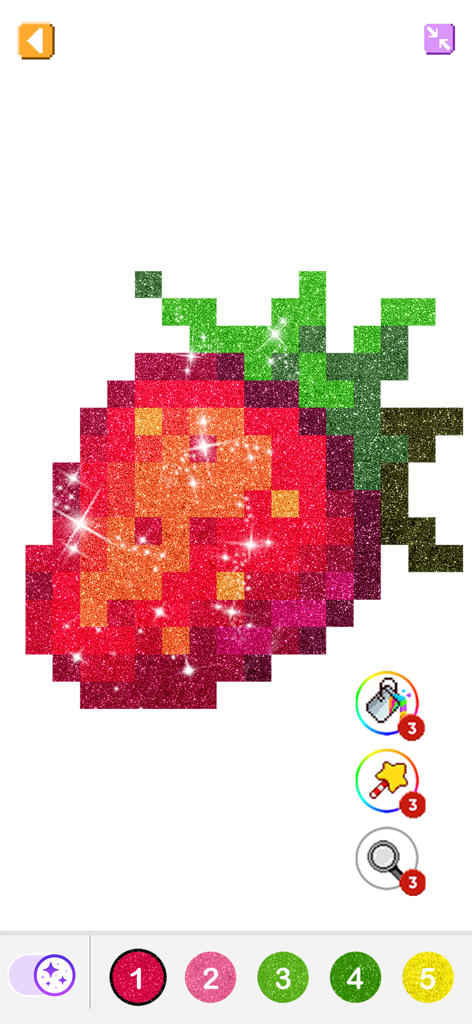 Pixel By Number® - Pixel Art - A glittery strawberry pixel art being colored in the Pixel By Number app interface with a numbered palette.
