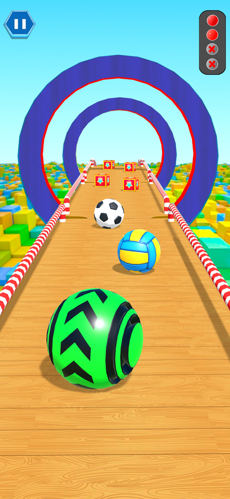 Hit Rolling Ball: Ball Game 3D - A green patterned ball rolling on a wooden track through blue hoops in a sky background.