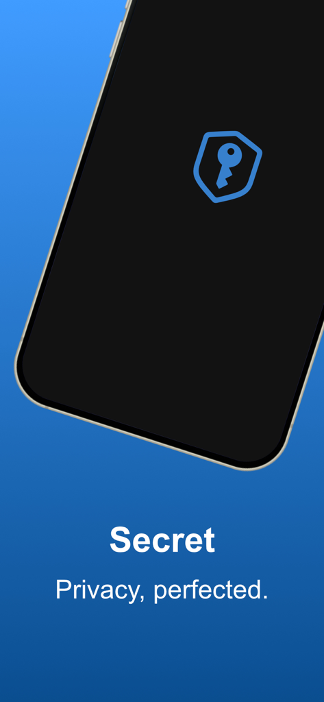 Splash screen of Secret app featuring a shield with a key icon and the slogan Privacy perfected