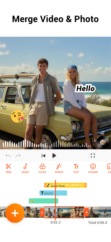 YouCut - AI Video Editor - YouCut app interface demonstrating merging video and photos with music and text overlays