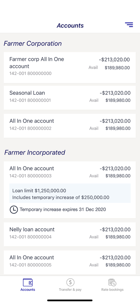 Rabobank AU - Rabobank AU mobile app screen showing farm business accounts and seasonal loan balances