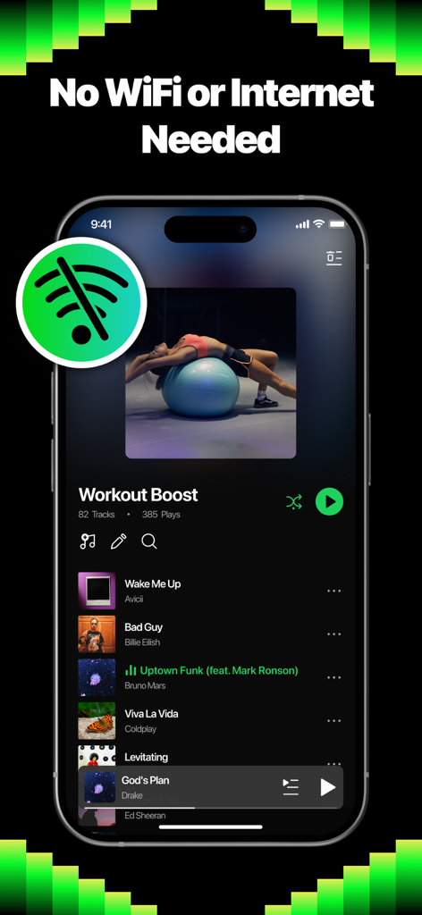 Offline music & local player - Interfaz de la aplicación reproductor de música sin conexión que muestra una lista de reproducción de entrenamiento y un icono de no wifi