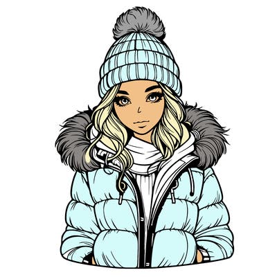 realistic girl with beanie and puff jacket