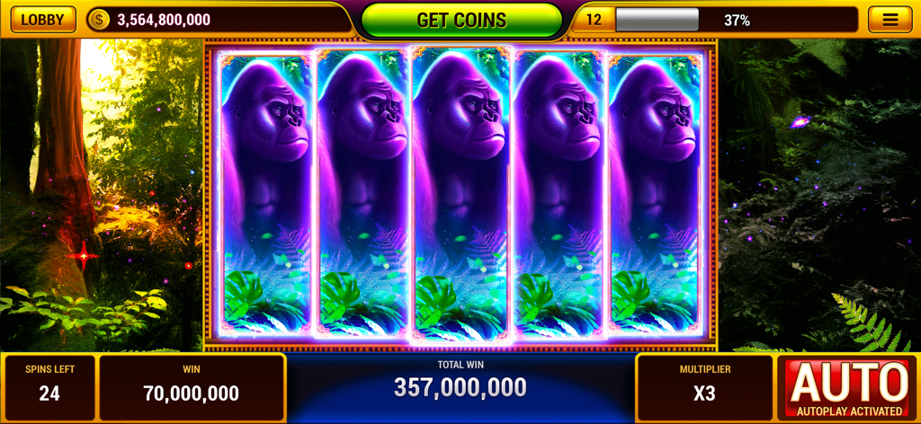 Vegas Slots Casino ™ Slot Game - Un juego de máquina tragaperras de cinco rodillos con temática de jungla y símbolos de gorila morado que muestran una gran ganancia de monedas