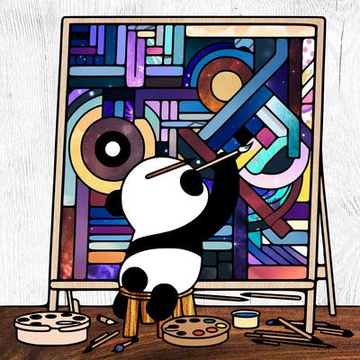 panda painting a large picasso painting while on a trailway
