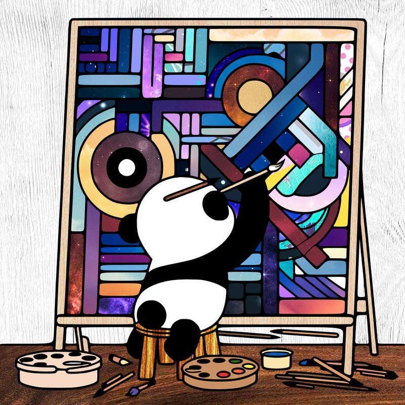 panda painting a large picasso painting while on a trailway