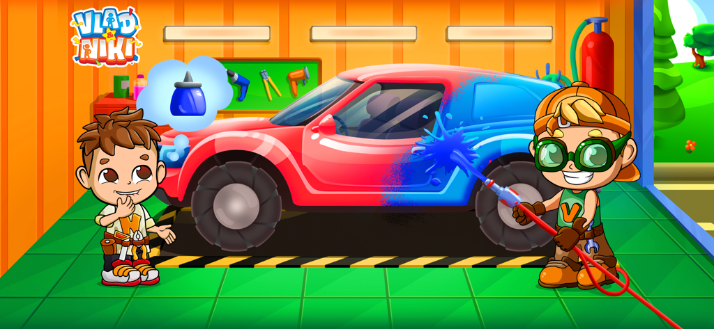 Comicfiguren Vlad und Niki lackieren in ihrer Werkstatt einen roten Wagen blau