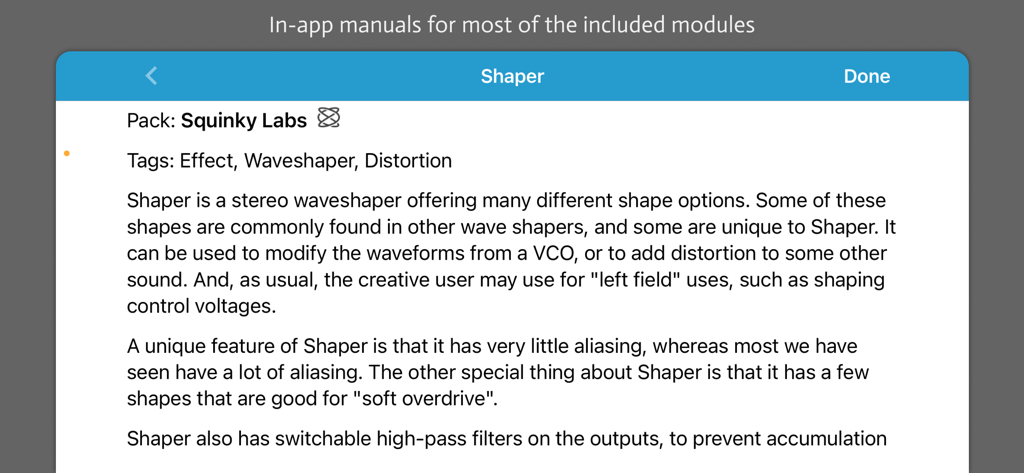 An in-app manual page for the Shaper module in the miRack modular synthesizer app.