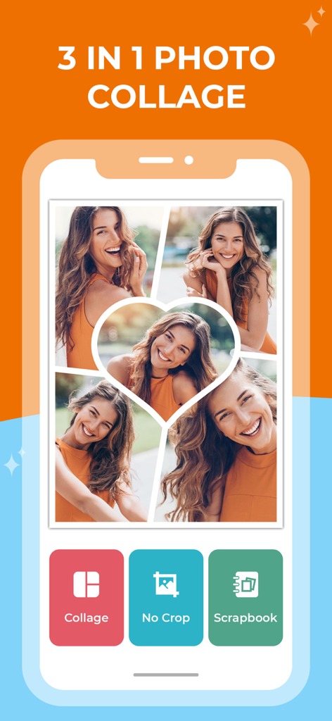 Photo Collage Maker & Editing - Una pantalla de smartphone mostrando un collage de fotos con forma de corazón y opciones de edición como Collage sin recorte y Álbum de recortes.