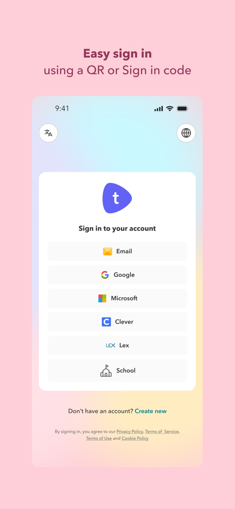 Toddle Family - Toddle Family sign in screen with options for email Google Microsoft Clever and school logins