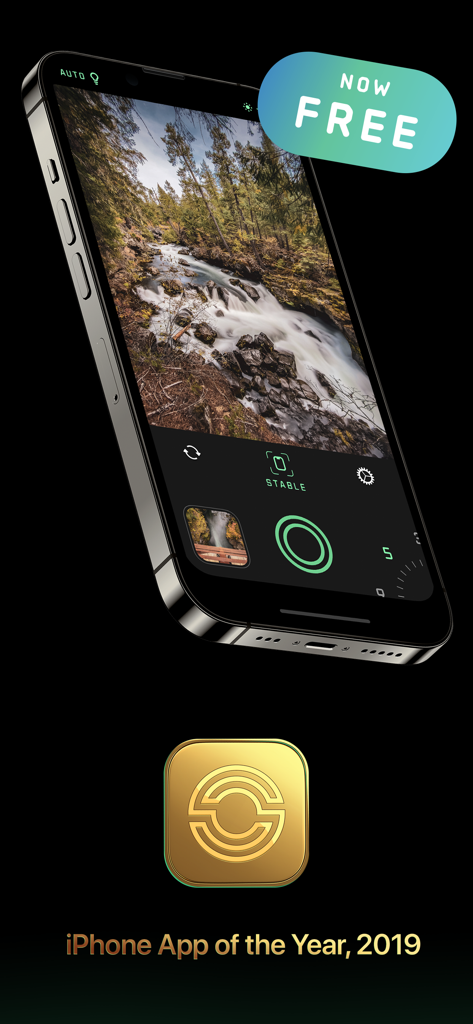 Aplicación Spectre Camera en un iPhone mostrando una foto de exposición larga de una cascada y el premio App del Año 2019