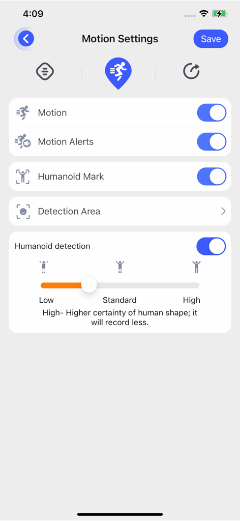 Kement - Kement app motion settings and humanoid detection interface