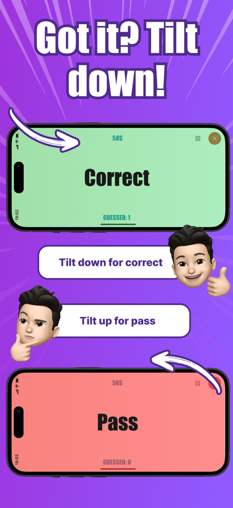 Charades: Party & Group Games - Captura de pantalla que muestra las instrucciones para inclinar el teléfono hacia abajo para una respuesta correcta y hacia arriba para pasar en el juego de fiesta Charades.