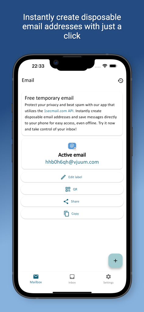 Temp mail app interface showing a generated disposable email address and management options like copy and share
