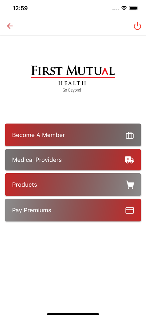 Menú principal de la aplicación First Mutual Health mostrando opciones para membresía, proveedores médicos y pagos.