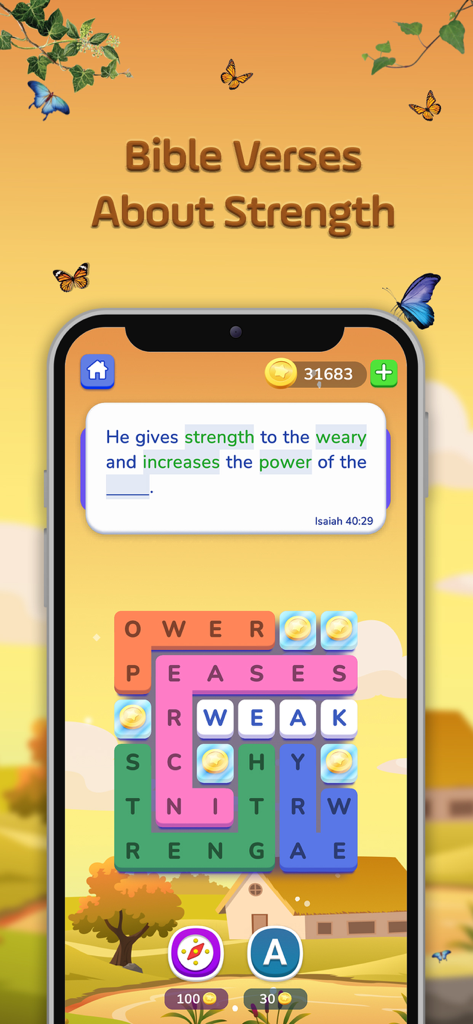 Bible Crossword Games - Bible crossword puzzle game showing a verse about strength.