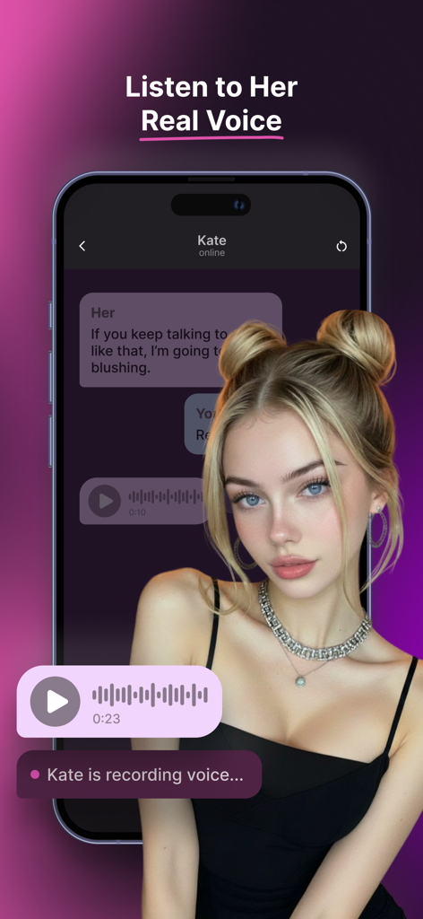 Interface of SpicyGF app showing a voice message from a realistic AI girlfriend character
