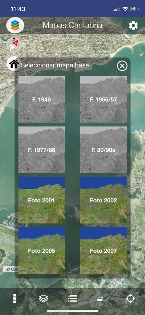 Mapas de Cantabria - Menu de sélection des fonds de carte aériens historiques et modernes dans l'application Mapas de Cantabria.