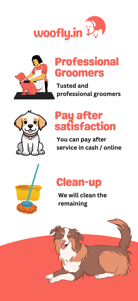 Woofly - Doorstep Grooming App - Características de la aplicación de peluquería a domicilio Woofly: peluqueros profesionales, pago tras satisfacción y limpieza del hogar.