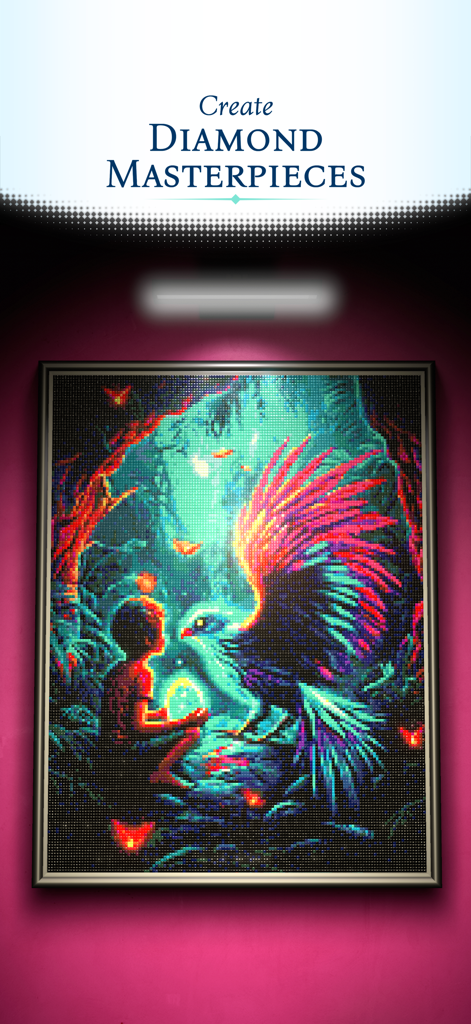 Diamond Painting: Antistress - A colorful diamond painting masterpiece showing a boy and a vibrant bird.