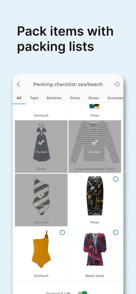 Lista de equipaje para un viaje a la playa en la aplicación GetWardrobe Outfit Planner que muestra artículos de ropa como trajes de baño y vestidos.
