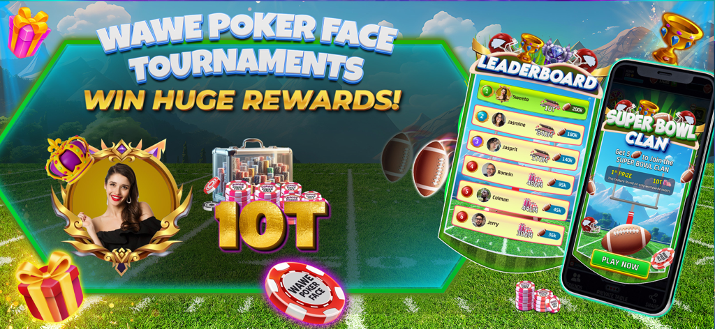 Wawe Poker Face - Texas Holdem - Promotional banner for Wawe Poker Face tournaments showing huge rewards and player leaderboard