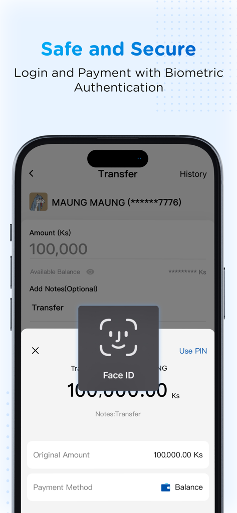 KBZPay Customer - KBZPay Customer app interface demonstrating secure money transfer using Face ID biometric authentication.