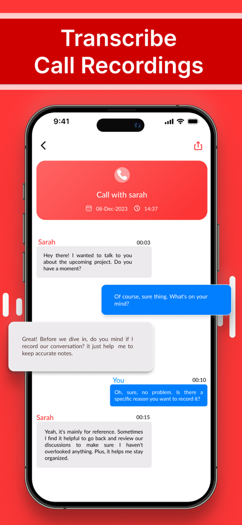 Captura de pantalla de la aplicación Grabadora de Llamadas que muestra una conversación telefónica transcrita entre dos personas en una interfaz de chat.