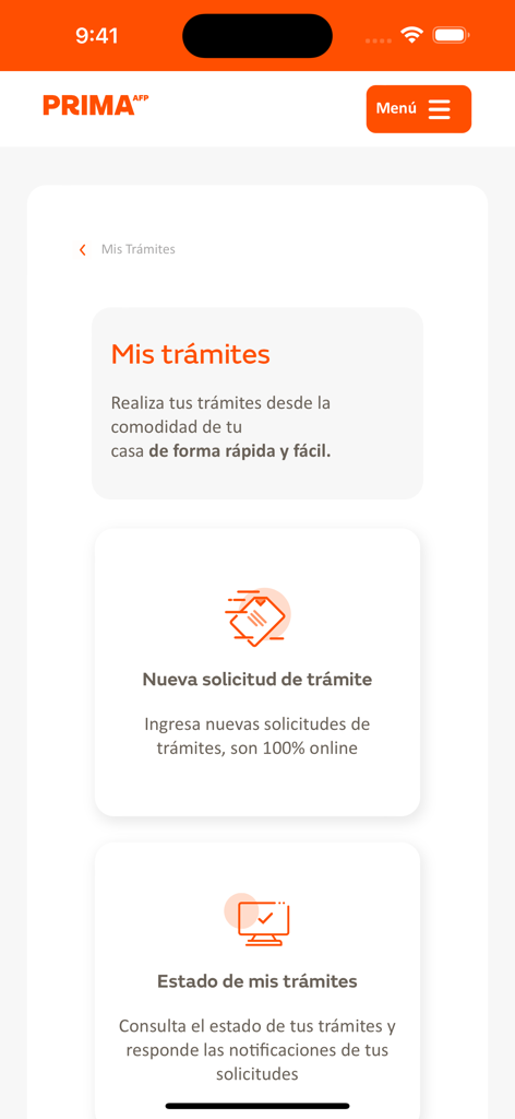 Prima AFP - Prima AFP app interface showing pension fund procedure options and tracking