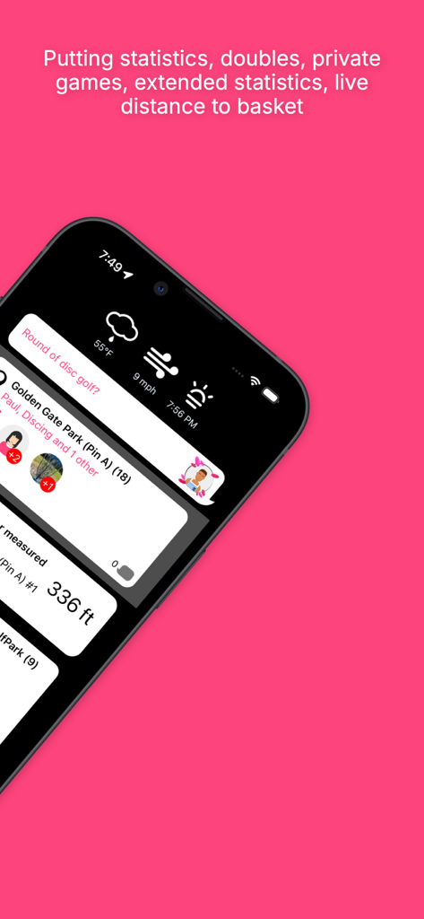 Upsi Disc Golf app interface showing round stats and weather data