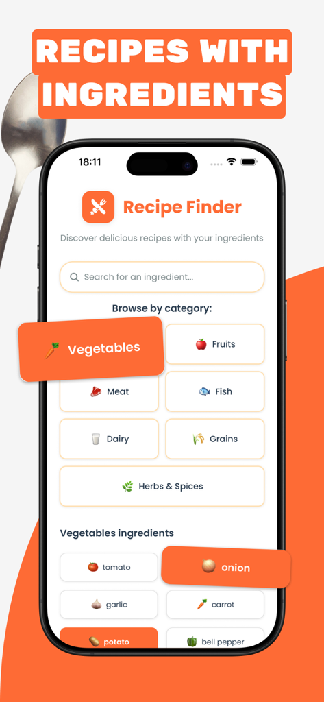 Mobile app interface for searching recipes by selecting ingredients like vegetables
