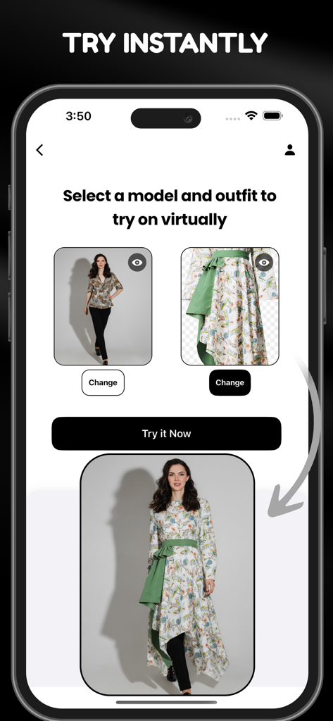 Una interfaz de aplicación móvil para prueba virtual que muestra un modelo usando un vestido floral seleccionado