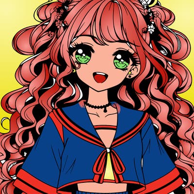 anime popular girl with long curly hair big eyelashes pretty eyes smiling with some blush wearing an anklet and wearing a school uniform cut top into a crop and short skirt and heels