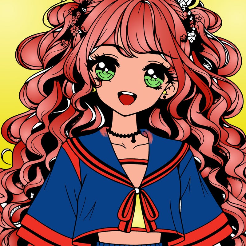 anime popular girl with long curly hair big eyelashes pretty eyes smiling with some blush wearing an anklet and wearing a school uniform cut top into a crop and short skirt and heels