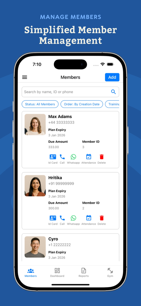 Gymzee : Gym Management App - Gymzee app member management screen showing a list of members with plan expiry dates and quick contact buttons