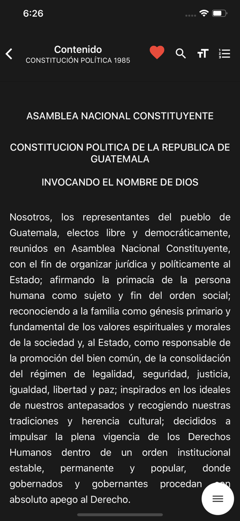 The Infile Juris app showing the Political Constitution of Guatemala in a digital reader interface.