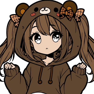 cute anime girl with ponytails and a cute bear hoodie