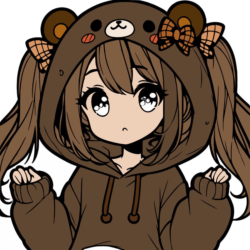 cute anime girl with ponytails and a cute bear hoodie