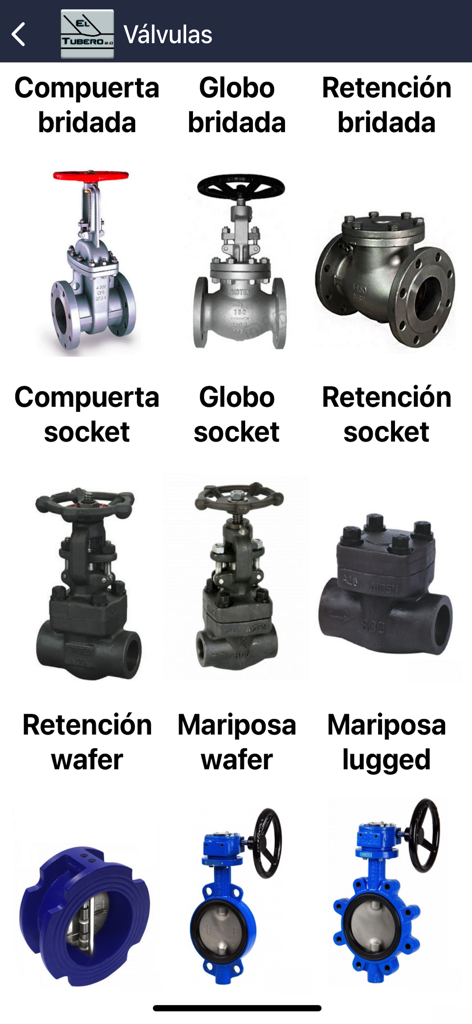 Un menú en la aplicación El Tubero 2.0 que muestra varias válvulas industriales, incluidas las de compuerta, globo, retención y mariposa