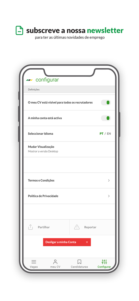 emprego.co.mz - The settings and configuration screen of the emprego.co.mz job portal mobile application.