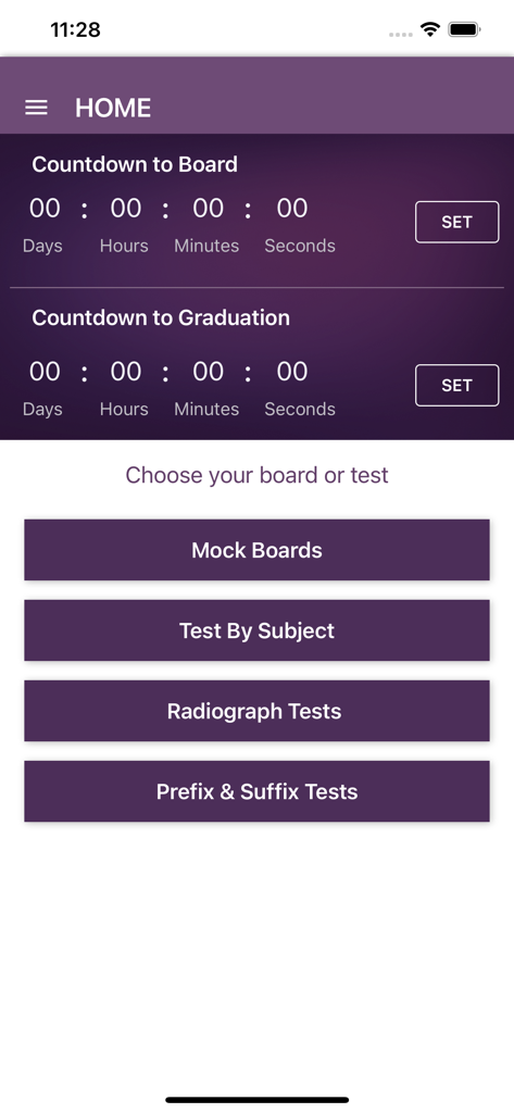 AndyRDH Board Review for NBDHE - Home screen of the AndyRDH app featuring exam countdown timers and study test categories